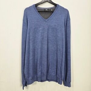 NWT Calvin Klein Blue V Neck Long Sleeve Knit Sweater Large 100% Merino Wool